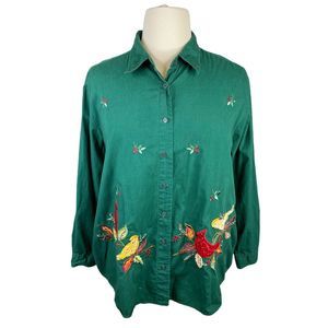 Vintage Bobbie Brooks Woman Green Embroidered Button Down Top - Size 22W / 24WW